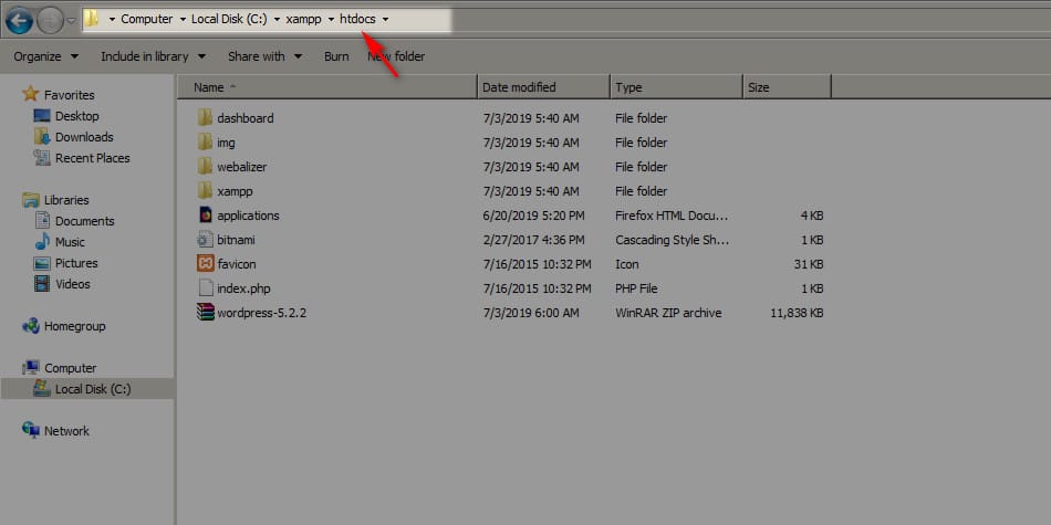 Letak folder htdocs di komputer setelah install aplikasi XAMPP
