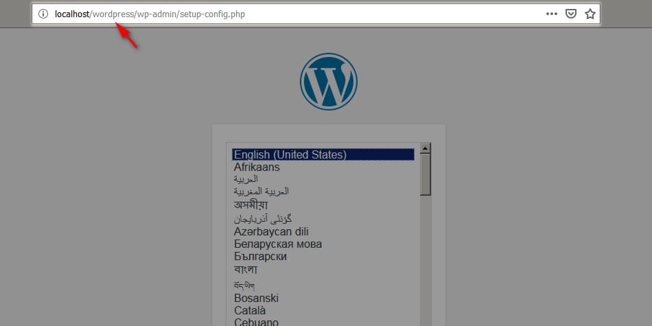 Halaman instalasi wordpress di localhost