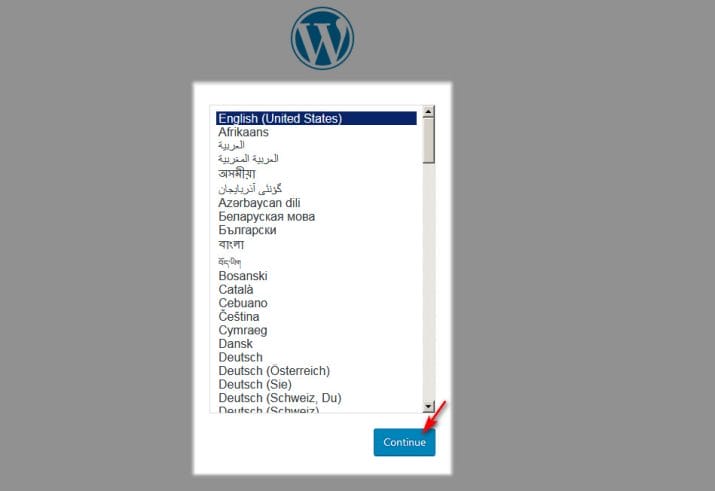 Halaman pemilihan bahasa untuk pengaturan bahasa di dashboard WordPress