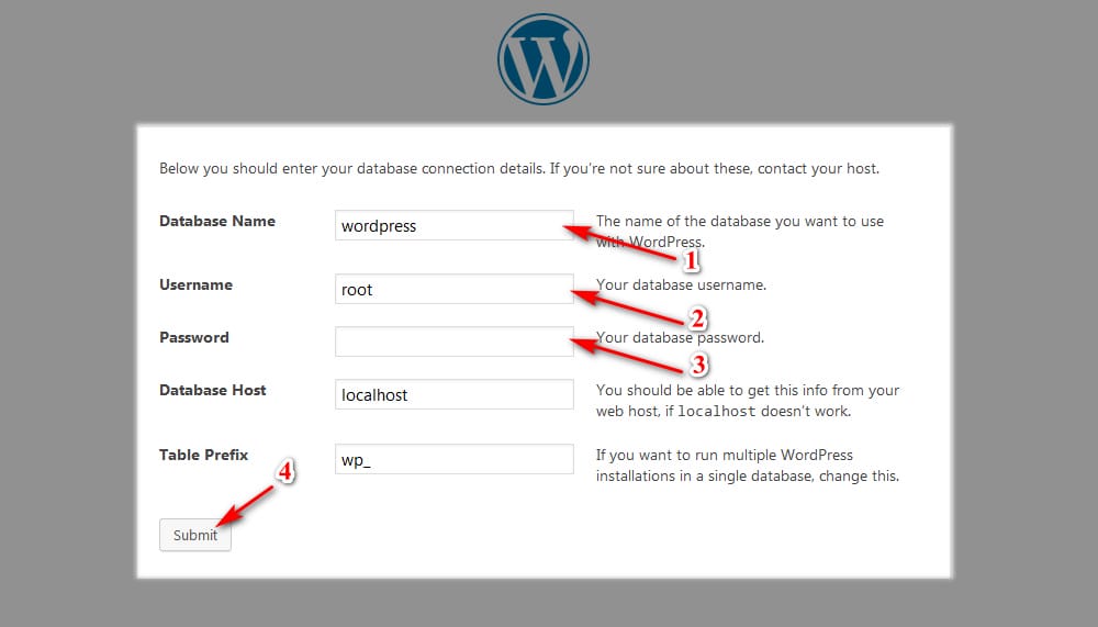 Halaman pengisian untuk menghubungkan WordPress dengan database yang sudah dibuat